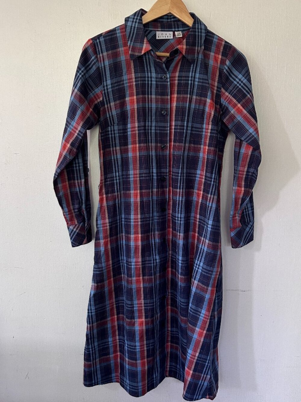 Joan Rivers Long Sleeve Shirt Dress Womens XSP Button Front Pockets Blue Plaid